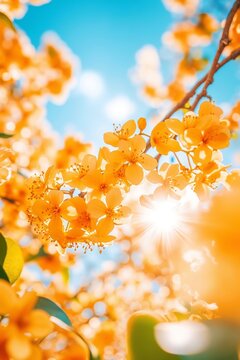 A bunch of yellow flowers on a tree branch with the sun shining through them