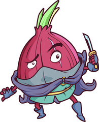 Lila Zwiebel mit Maske und Schwert in Ninja-Outfit, entschlossener Blick.
