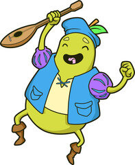 Singende Birne mit Laute in buntem Kostüm – witzige Fruchtfigur im Bardenstil.
