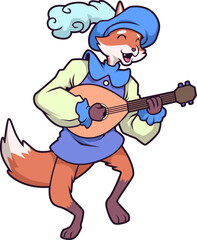 Naklejka premium Lachender Fuchs in Bardenkleidung mit Laute – fantasievolle Cartoonfigur im mittelalterlichen Stil. 