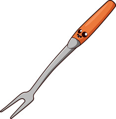 Lustige Grillgabel mit orangem Griff, zwei Zinken und fröhlichem Gesicht.

