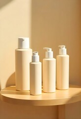 Four beige cosmetic bottles on a wooden shelf, minimalist design, soft lighting, neutral color palette, clean and modern aesthetic, product photography, studio setting, elegant presentation, skincare 