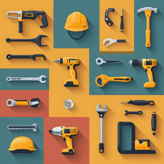 Flat Lay Colorful Collection of Construction Tools and Safety Helmet Perfect for DIY Projects and Industrial Designs