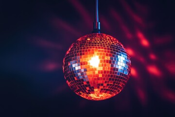 Obraz premium A glowing disco ball hangs in a dark room, reflecting light and creating a vibrant, festive atmosphere.