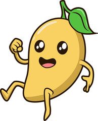 Gelbe Mango mit Blatt, springend, mit offenem Mund und strahlendem Gesichtsausdruck.
