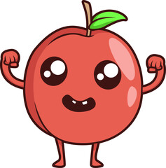 Starker Pfirsich mit muskulösen Armen, lachendes Gesicht, süß und mutig zugleich.
