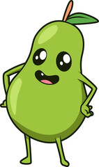 Grüne Birne mit fröhlichem Gesicht und Händen an den Seiten, charmante Haltung.
