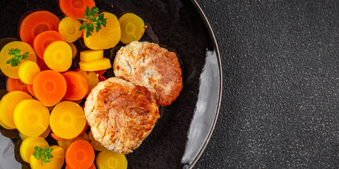 appetizer, background, boiled carrot, carrot rings, carrot slices, carrots, ceramic plate, clean background, closeup, colorful plate, cook, cooked carrots, cooking, cuisine, cutlets, flat lay, food ph