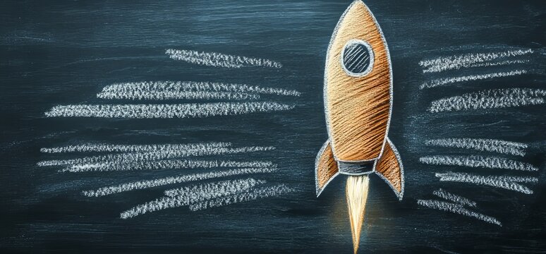 Vibrant pencils and a rocket sketch on a chalkboard foster a love of learning and aspirations for the future