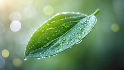 Fresh green leaf glistening with water droplets in natural light Generative AI