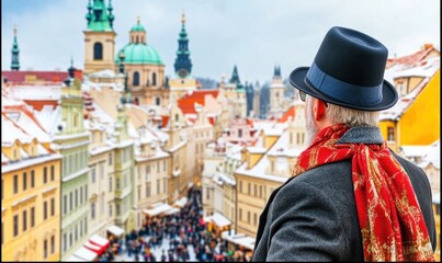 Obraz premium Man in hat overlooking snowy European city.