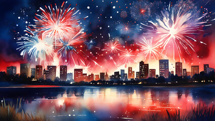 Obraz premium Fireworks Over Lake Water Horizon 4th July Independence Day USA United States Patriotic Watercolor Painting Header Layer Negative Space
