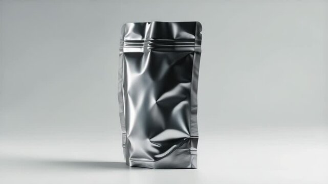 Silver foil blank metallic sachet bag isolated on a white background. Packaging template mockup.