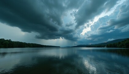 Obraz premium Dramatic clouds reflecting over a tranquil lake at sunset 