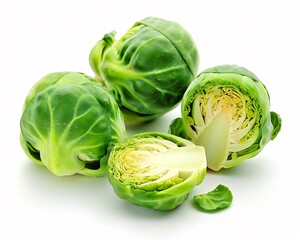 Fresh brussels sprouts whole halved vibrant green vegetable arranged on a white background for food photography
