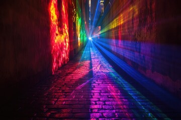 A cobblestone alleyway is dramatically lit with vibrant, multicolored laser beams and projections, creating a surreal and captivating atmosphere.