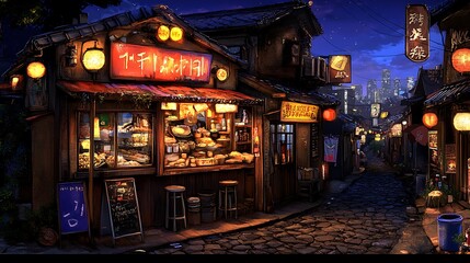 Obraz premium Night street scene, quaint shops, cobblestone road