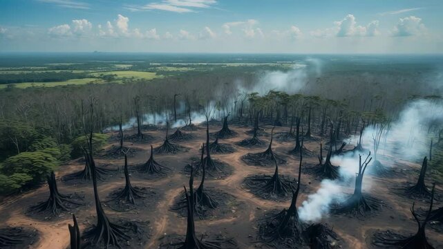 Landscape view of illegal deforestation in the Amazon rainforest with trees cut and burned for agriculture and cattle pasture in Para, Brazil, emphasizing ecological and environmental concerns