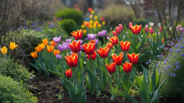 Vibrant tulips blooming in spring, surrounded by various plants, shrubs, and lush greenery in a somewhat untidy, overgrown suburban garden.