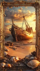 Shipwreck at Sunset in Ornate Frame