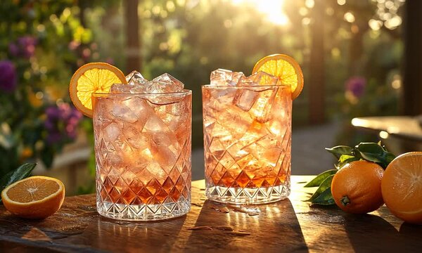 Two refreshing cocktails with ice and orange slices on a wooden table, sunlit garden background