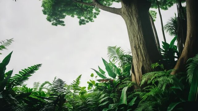 Framework of jungle trees showcasing tropical rainforest foliage plants on a white background.
