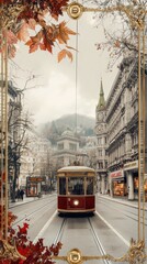 Fototapeta premium Vintage Tram on Autumn City Street