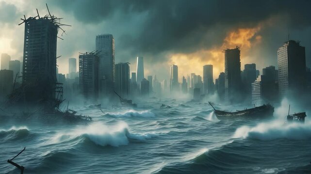 A cinematic depiction of a city devastated by Tsunami waves with meticulously crafted and manipulated elements to resemble a fictional disaster scene