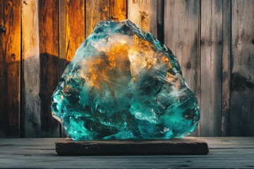 A large, teal-colored glass rock sits on a rustic wooden surface, backlit with a warm, golden light.