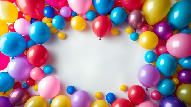 Brightly colored balloons create a frame border on a plain background. Unique arrangement. Top-down view. Design component
