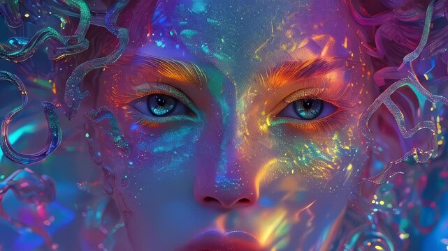 Stunning Display of Vibrant Colors and Intricate Designs on a Mesmerizing Face With Abstract Patterns and Reflections