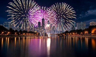 Vibrant fireworks illuminate the Chicago skyline over a tranquil lake at night - Powered by Adobe