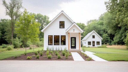 Fototapeta premium Two modern, white houses situated on a grassy lot, next to trees and a paved walkway