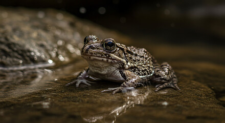 Fototapeta premium Natural, beautiful nature images close up of a frog sitting in shallow water on a rock with a dark background and blurred reflections