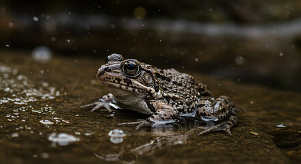 Obraz premium Natural, beautiful nature images a close up shot of a frog sitting in shallow water with a dark background and bokeh effect present here
