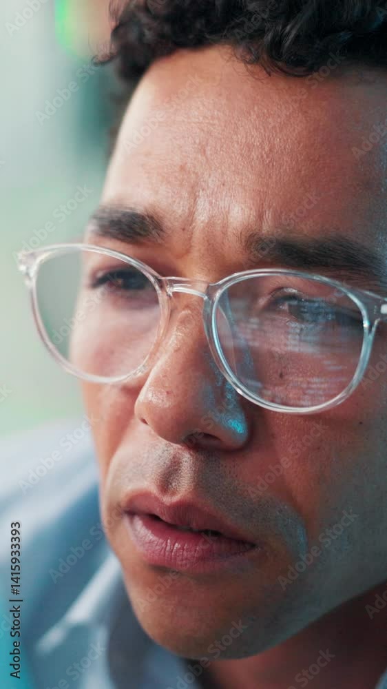 Poster Man, glasses and computer in office for coding, software development and problem solving. Reflection, programmer and face in agency for cybersecurity, programming update and thinking with technology