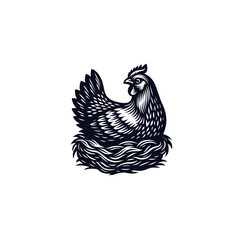 Vintage Hen Illustration - Black and White Line Art, drawn in an engraved, woodcut style with fine details sketch engraving vector illustration. Scratch board imitation. Black and white image