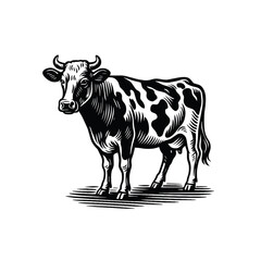Vintage Cow Illustration - Black and White Line Art, drawn in an engraved, woodcut style with fine details sketch engraving vector illustration. Scratch board imitation. Black and white image
