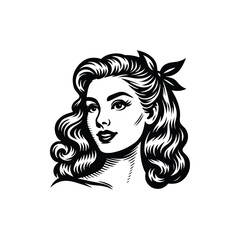 Vintage Portrait of a Woman with Curly Hair - Black and White Line Art, drawn in an engraved, woodcut style with fine details sketch engraving vector illustration. Scratch board imitation. 