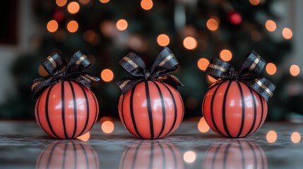 Three coral striped Christmas ornaments with black and gold bows on marble surface, blurred Christmas tree lights background.
