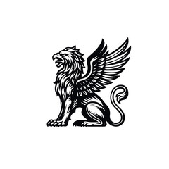 Vintage Winged Lion Griffin Illustration - Black and White Line Art, drawn in an engraved, woodcut style with fine details sketch engraving vector illustration. Scratch board imitation. 