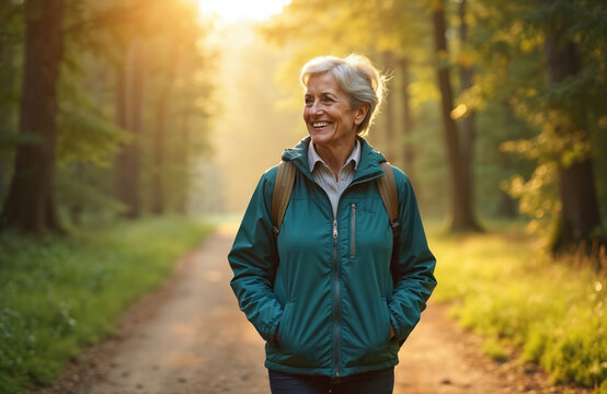 Smiling senior woman walks in forest sunlight. Elderly lady enjoying nature outdoors, active lifestyle. Happy mature female walks, smiles in morning, wellness, retirement.