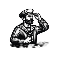 Sailor Saluting - Black and White Nautical Line Art, drawn in an engraved, woodcut style with fine details sketch engraving vector illustration. Scratch board imitation. Black and white image