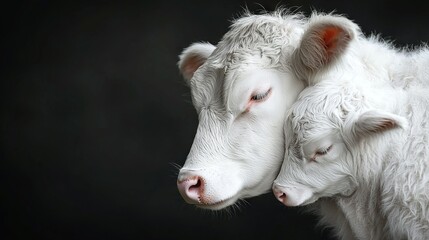 Obraz premium Two white cows facing each other against a dark backdrop with one cow's head resting on the other's