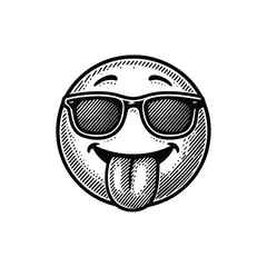 Cool Emoji with Sunglasses and Tongue Out - Hand-Drawn Illustration, drawn in an engraved, woodcut style with fine details sketch engraving vector illustration. Scratch board imitation. 