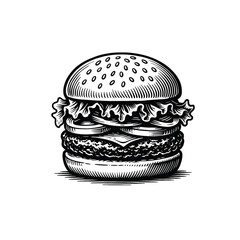Hand-Drawn Classic Hamburger Illustration, drawn in an engraved, woodcut style with fine details sketch engraving vector illustration. Scratch board imitation. Black and white image