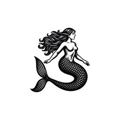 Vintage Mermaid Illustration with Flowing Hair, drawn in an engraved, woodcut style with fine details sketch engraving vector illustration. Scratch board imitation. Black and white image