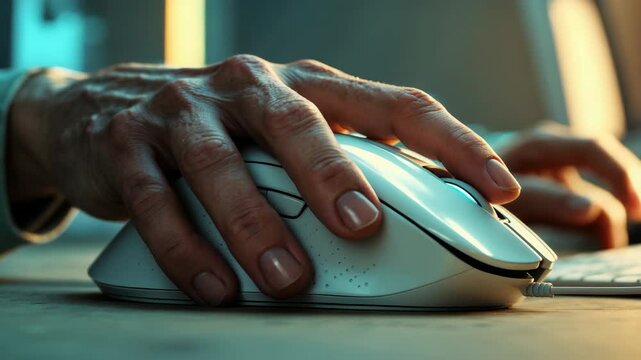 Person gripping a computer mouse suffering from wrist pain caused by poor posture.
