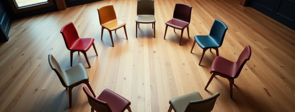 Circle of Empty Chairs - Meeting or Group Therapy. Ideal for business meeting websites, group therapy advertisements, educational workshop graphics, team-building concept designs