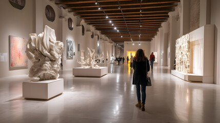 Fototapeta premium Exploring a spacious art gallery featuring white sculptures and modern art, a visitor strolls through the light-filled hall admiring artwork.